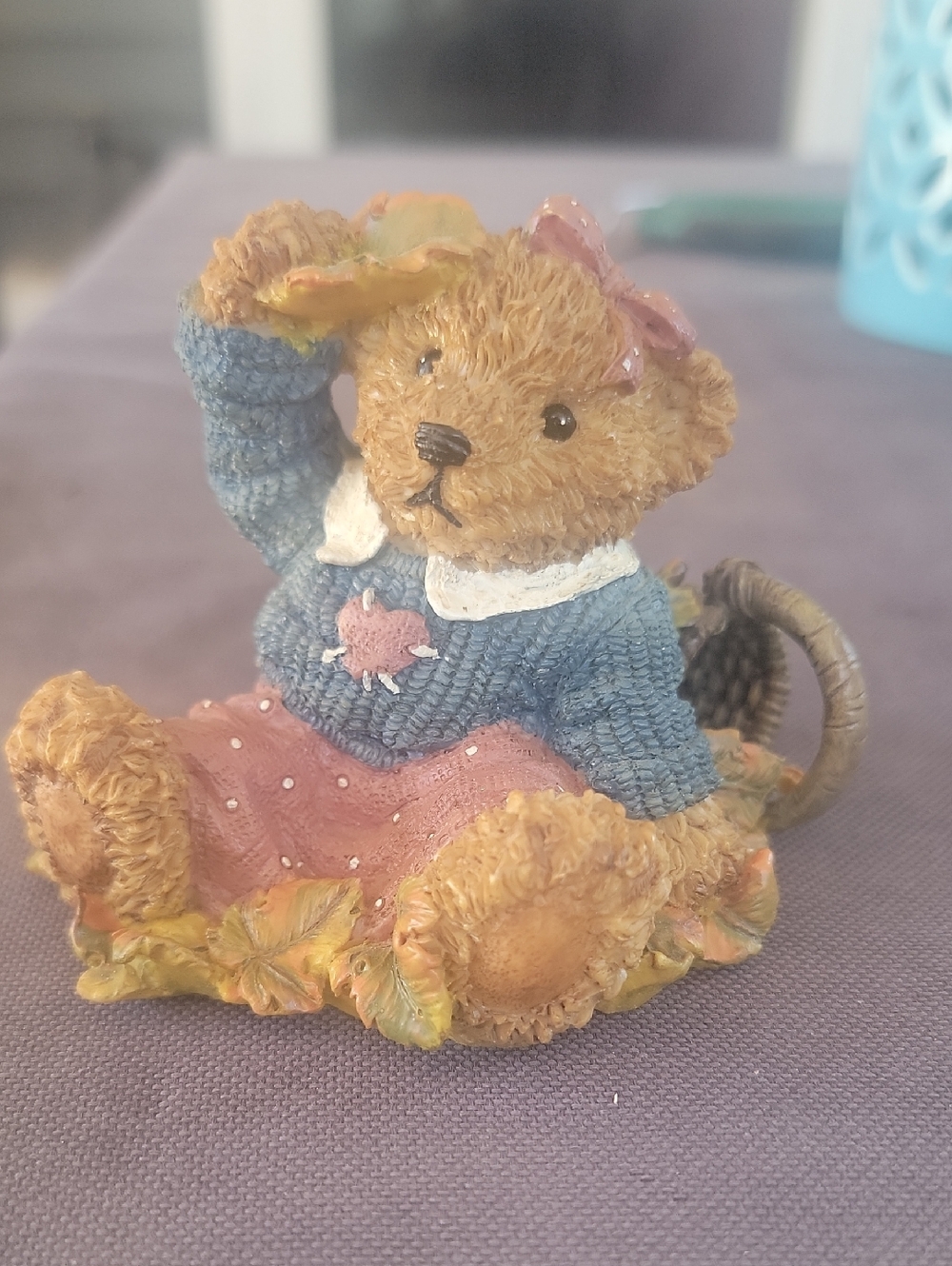 Home Interiors Brown Bear Figurine with Blue Sweater and Pink Skirt